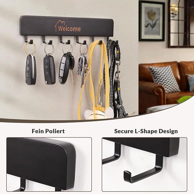 Wooden Key Holder with Metal Hooks,No Drill Adhesive & Screws, Wall Mount Entryway Organizer for Keys, Coats, Hats, Rustic Farmhouse Wall Decor for Hallway, Apartment (2, Black)