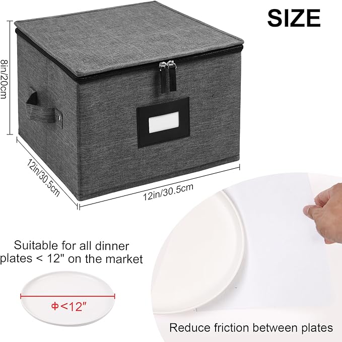 Mayniu China Storage Containers Hard Shell, 12" Plate Storage Containers for Dishes, Stackable Dinnerware Storage with 24 Felt Dividers (2 Pack Black)