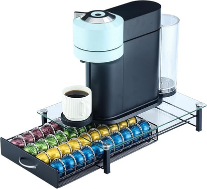 FlagShip Vertuo Pod Holder with Tempered Glass Top,Compatible for Nespresso VertuoLine Pods,Holds up to 40 Big Vertuo Pods,Smooth Pull-Out Design,Fits Under Coffee Makers (12.1''W x 16''D x 3.6''H)