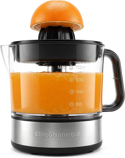 Elite Gourmet ETS623 BPA-Free 40-Watt Electric Citrus Juicer, Compact, Large Volume, Pulp Control, Oranges, Lemons, Limes, Grapefruits with Easy Pour Spout, 24oz, Black/Stainless Steel