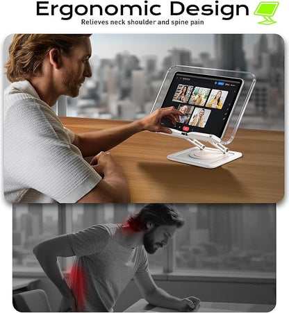 Book Stand for Reading, Adjustable Book Holder with 360°Rotating Bases, Ergonomic Cookbook Stand Recipe Book Holder with Elastic Page Clips for Magazines, Tablets, Laptops,Acrylic White