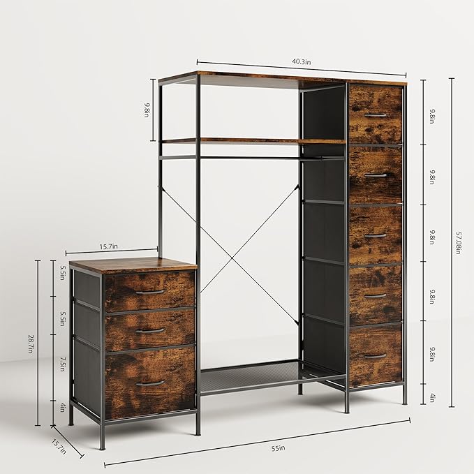 Garment Rack with Drawers, Freestanding Closet Organizer with Shelves, 55W*57.08H Heavy Duty Clothes Rack with Hanging Rod, Clothing Wardrobe Closet for Bedroom, Living Room, Entryway, Laundry Room