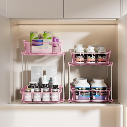 Delamu 2-Tier Under Sink Organizers and Storage, Multi-Purpose Stackable Bathroom Cabinet organizers, Pull Out Kitchen Pantry Organization and Storage with Dividers(2 Pack, Pink)