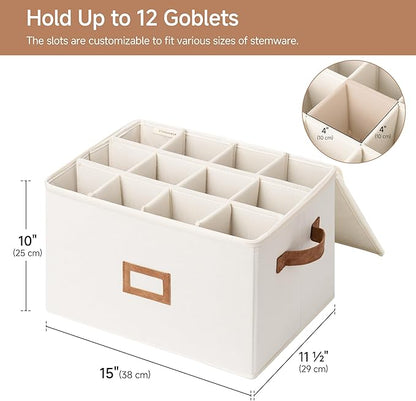 StorageWorks Stemware Storage Cases, Hard Shell Wine Glass Storage Box with Dividers for Glassware, Crystal, and China Holds 12 Standard Size Wine Glasses, 2 Pack, Beige