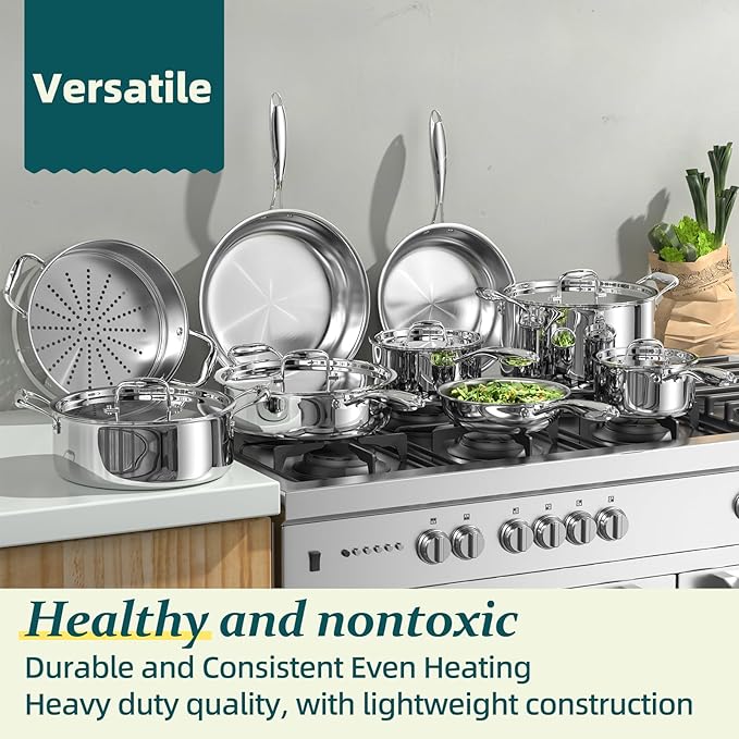 Umite Chef Stainless Steel Cookware Set, 5 Ply 14 Piece Stainless Steel Pot and Pan Set-Induction, Heavy Chef Quality, Oven Safe | Professional Kitchen Cooking Appliances, PFOA, PTFE & PFOS Free