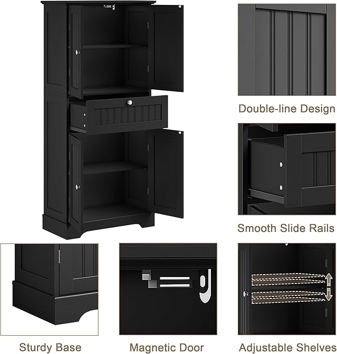 ChooChoo 51" H Tall Bathroom Floor Cabinet, Modern Bathroom Storage Cabinet with Drawer and Adjustable Shelves, Freestanding Kitchen Pantry Cupboard with 4 Doors for Living Room, Black