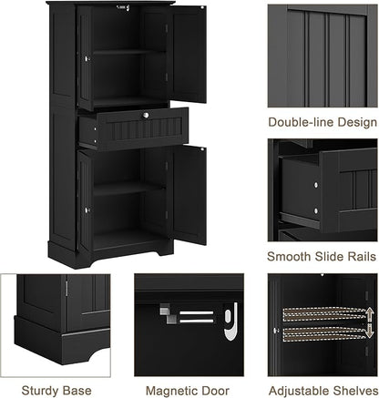 ChooChoo 51" H Tall Bathroom Floor Cabinet, Modern Bathroom Storage Cabinet with Drawer and Adjustable Shelves, Freestanding Kitchen Pantry Cupboard with 4 Doors for Living Room, Black