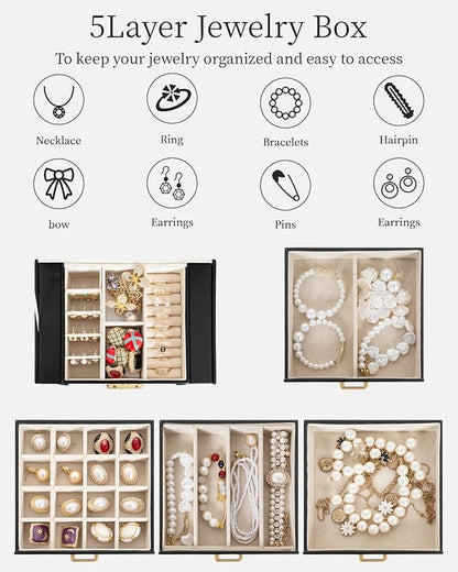 TORIBIO Jewelry Box for Women, Leather Jewelry Organizer with Mirror & Lock, 5-Tier Jewelry Storage Organizer with 4 Drawers for Girls/Women/Mothers, Necklace Earring Bracelets Holder Organizer