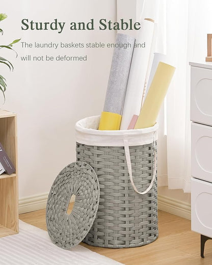 SETVSON Laundry Hamper with Lid Laundry Basket with Lid 19.0 Gal (72 L) Round Laundry Basket Handwoven Rattan Basket with Lid Removable Bag 2 Mesh Bags Handles for Living Room Bathroom Gray