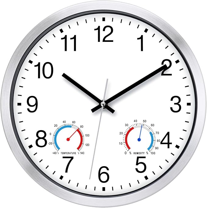 Caysie 12 Inch Sealed Indoor Outdoor Clocks Waterproof with Thermometer and Hygrometer Combo, Silent Battery Operated Quartz Wall Clock for Patio Pool Bathroom Outside Home (Silver)
