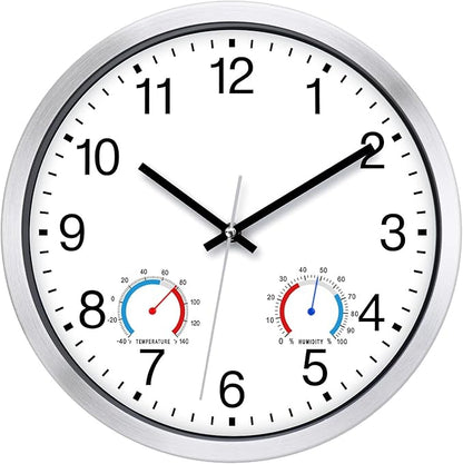 Caysie 12 Inch Sealed Indoor Outdoor Clocks Waterproof with Thermometer and Hygrometer Combo, Silent Battery Operated Quartz Wall Clock for Patio Pool Bathroom Outside Home (Silver)