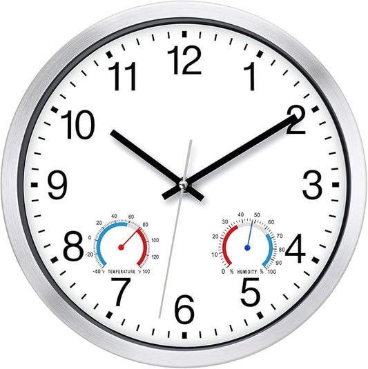 Caysie 12 Inch Sealed Indoor Outdoor Clocks Waterproof with Thermometer and Hygrometer Combo, Silent Battery Operated Quartz Wall Clock for Patio Pool Bathroom Outside Home (Silver)
