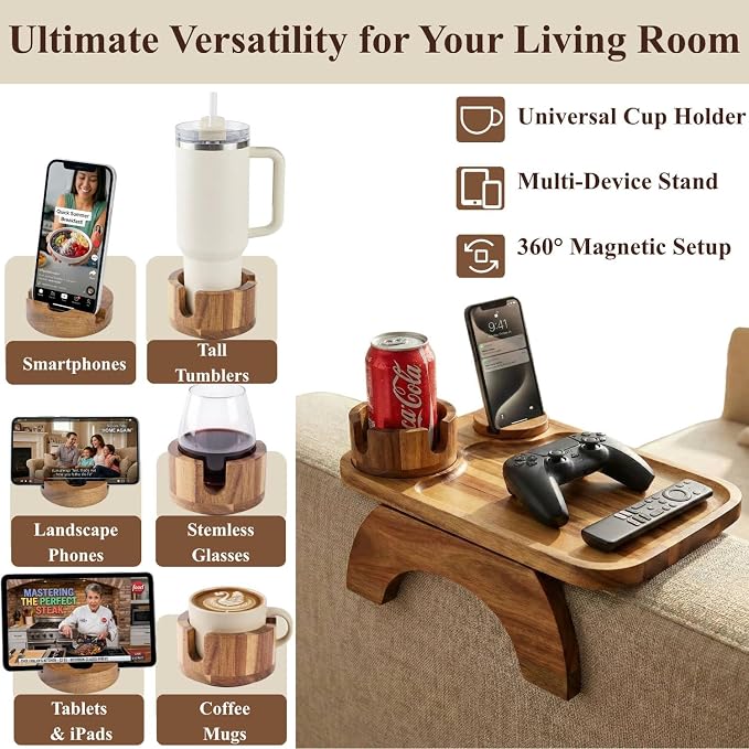 Couch Armrest Table, Acacia Wood Sofa Arm Tray with 360° Rotating Phone & Cup Holder, Clip-On Arm Rest Table for Couch, Anti-Slip Tray for Snacks & Drinks, for Men Dad, 15.4" x 9.8"