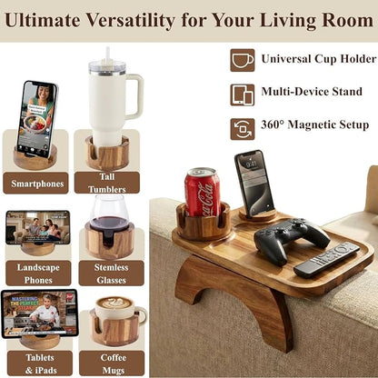Couch Armrest Table, Acacia Wood Sofa Arm Tray with 360° Rotating Phone & Cup Holder, Clip-On Arm Rest Table for Couch, Anti-Slip Tray for Snacks & Drinks, for Men Dad, 15.4" x 9.8"