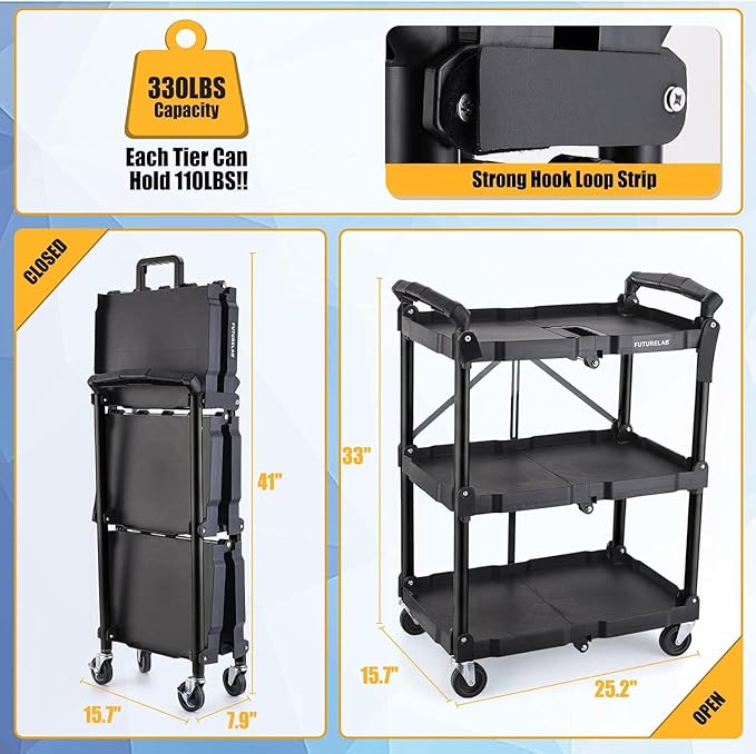 FUTURELAB Portable Folding Service Cart - 3 Tier 330LBS Capacity - Rolling Utility Foldable Cart with Wheels for Warehouse Home Workshops Garages Restaurants Offices
