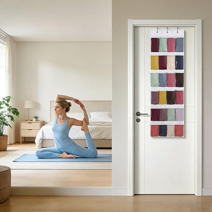 Legging Organizer for Closet，Hanging Yoga Legging Storage with 24 Pockets for Yoga Pants, Tank Top (White)