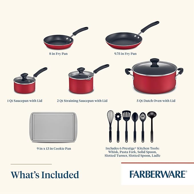 Farberware Cookstart DiamondMax Nonstick Cookware/Pots and Pans Set, Dishwasher Safe, Includes Baking Pan and Cooking Tools, 15 Piece - Red