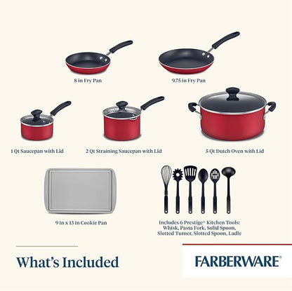 Farberware Cookstart DiamondMax Nonstick Cookware/Pots and Pans Set, Dishwasher Safe, Includes Baking Pan and Cooking Tools, 15 Piece - Red