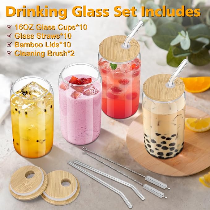 sungwoo 10PCS Glass Cups with Bamboo Lids and Straws, 16OZ Ice Coffee Cup, Drinking Cup set with Wooden Lids, Home Essential Glass Tumblers for Beer, Cocktail, Tea and Latte Clear