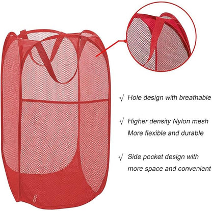 Larpur Popup Mesh Laundry Basket, Collapsible and Portable Clothes Washing Laundry Hamper with Reinforced Carry Handle (Red)