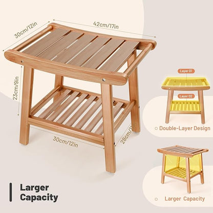 Bamboo Shower Bench for Inside Shower to Sit on,Waterproof Shower Stool for Shaving Legs,Spa Bathroom Shower Chair with Storage Shelf, Bathroom Bench Seat for Senior Adult Disabled Elderly