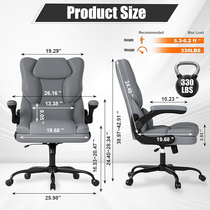 Ergonomic Office Chair with Flip-up Armrests 300lbs,Middle-Tall Computer Office Desk Chair with Lumbar Support,Executive PU Leather Chair with Rocking Function Adjustable Height for Home Office