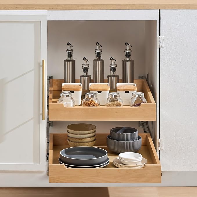 VEVOR 2 Tier Pull Out Cabinet Organizer, 20" W x 21" D Cabinet Drawer, Soft Close Slide out Shelf, Heavy-Duty Sliding Wood Drawer, Adjustable Base Cabinet Organization for Kitchen Pantry Bathroom