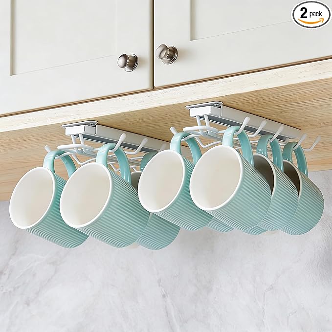 LiaMeE Sliding Mug Hooks Under Cabinet - Pull Out Coffee Cup Holder Rack with 12 Hooks, Metal Under Shelf Mug Organizer for Kitchen, Space Saving Hanging Storage (White，2PCS)