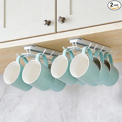 LiaMeE Sliding Mug Hooks Under Cabinet - Pull Out Coffee Cup Holder Rack with 12 Hooks, Metal Under Shelf Mug Organizer for Kitchen, Space Saving Hanging Storage (White，2PCS)