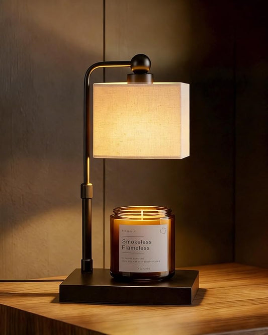 Candle Warmer Lamp with Timer, Dimmable, Adjustable Height, Modern Farmhouse Linen Shade, Black Candle Warming Lamp for Up to 6-Inch Jar Candles, 2 Bulbs Included