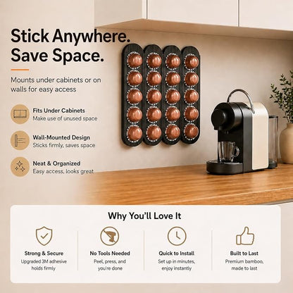 Bamboo Coffee Pod Holder, Adhesive Wall Mount (No Drilling) for Inside Cabinet Door, 20-Capsule Storage (Set of 4), Vertical & Horizontal, Compatible with Nespresso Vertuo Line-Black