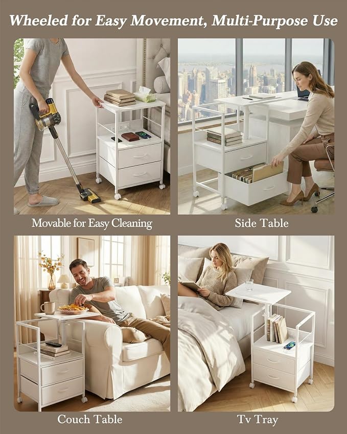 Faesun Swivel Lift Top Nightstand with Charging Station, Rolling Side Table for Recliner, Bedside Table with Wheels & 2 Fabric Drawers, for Small Spaces, for Bedroom, Living Room, White