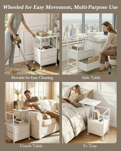 Faesun Swivel Lift Top Nightstand with Charging Station, Rolling Side Table for Recliner, Bedside Table with Wheels & 2 Fabric Drawers, for Small Spaces, for Bedroom, Living Room, White