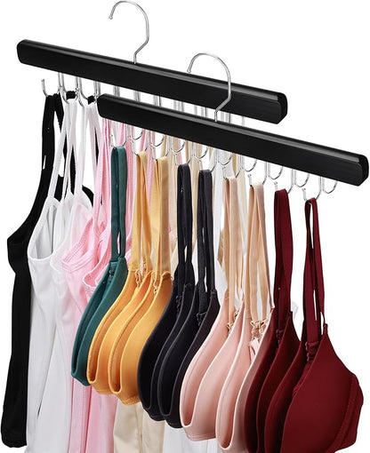 NECAMOCU 2 Pack Bra Hanger for Closet Organizer, Premium Wooden Tank Top Hangers with 36 Foldable Hooks, 360° Rotating Design, Space Saving Storage for Tank Tops, Bras, Scarves and More, Black