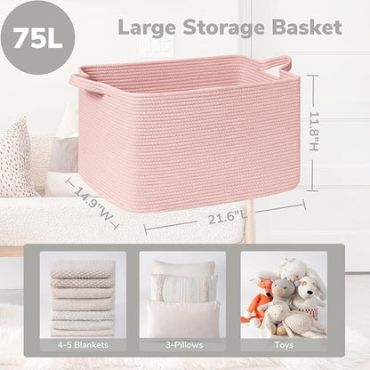 Goodpick Large Blanket Basket, Woven Baskets for Storage, Large Baskets for Organizing, Rectangle Toy Basket for Nursery, Bedroom, 21.6" x 14.9" x 11.8", Pink