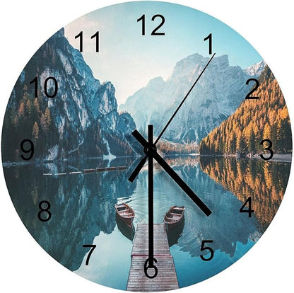 Scenic Nature Wall Clock, Natural Mountain Lake Boat Woodland Autumn Tree Landscape Wall Clocks Battery Operated Silent Non Ticking Round Wooden Clocks for Kitchen Bathroom Living Room 12 Inch