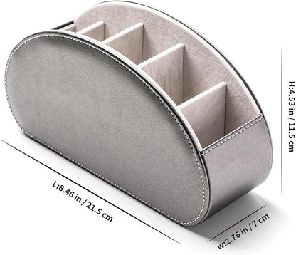 Remote Control Holders Organizer Box with 5 Compartment PU Leather Multi-functional Office Desk Storage Caddy Store Tv Remote for Media Player,Brush,Pencil,Glassees&Office Supplies (Sliver)