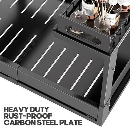 1 Pack Expandable Under Sink Organizers And Storage With Upgrade Ball-Bearing Slide Tracks,2-Tier Pull Out Under Cabinet Organizer Height Adjustable,Slide Out Under Sink Drawers-Black(Patent Pending)