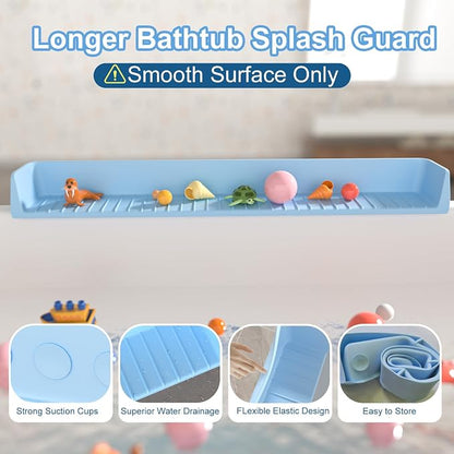 Splash Guard for Bathtub Kids, Longer Silicone Bathtub Water Guard, Toy Tray Caddy Holder for Tub, Bathtub Splash Guard Prevent Water Spills in Bathroom (2.6FT, Blue)