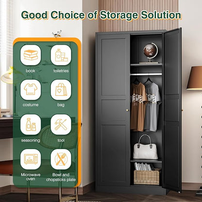Letaya Wardrobe Armoire Closet,72" H Metal Storage Cabinet with Adjustable Shelves and Hanging Rod,Bedroom Armoire Cabinet Clothes Organizer (Black)