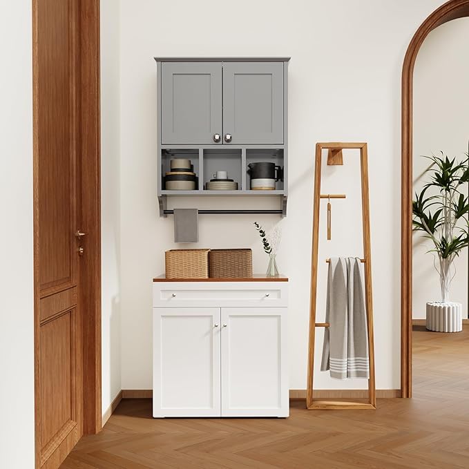 Over-The-Toilet Bathroom Storage Cabinet with Towel Bar, Space-Saving Wall Mounted Medicine Cabinet, 2 Doors & 1 Adjustable Shelf, Easy Install Grey Finish for Bathroom, Kitchen, Living Room