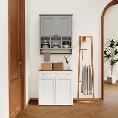 Over-The-Toilet Bathroom Storage Cabinet with Towel Bar, Space-Saving Wall Mounted Medicine Cabinet, 2 Doors & 1 Adjustable Shelf, Easy Install Grey Finish for Bathroom, Kitchen, Living Room
