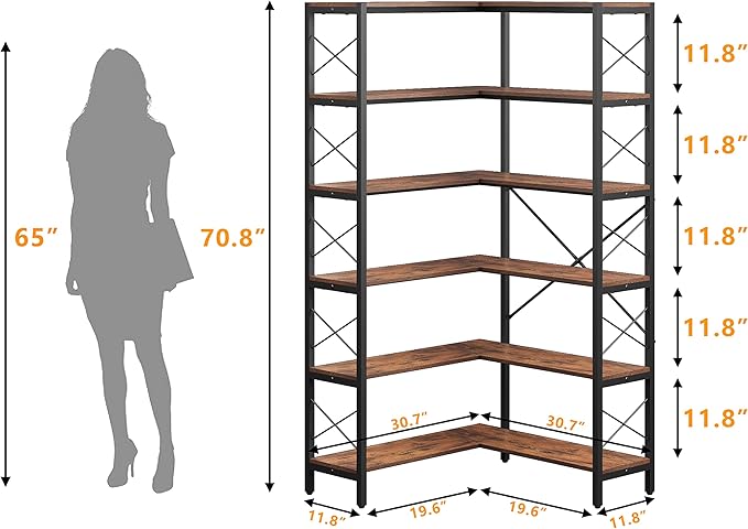 Wildhome 6-Shelf Corner Bookshelf, Vintage Industrial CornerBookshelf Etagere Bookcase, Large Book Shelf with Metal Frame Open Storage Corner Cabinet for Living Room Home Office（Retro Brown）