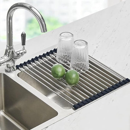 Seropy Roll Up Dish Drying Rack Over The Sink for Kitchen Sink Drying Rack Folding Dish Drainer Mat Rolling Dish Rack Sink Rack Stainless Steel Kitchen Dry Rack Black 17.5x15.7 Inch