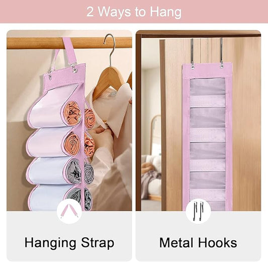 DHSFKBE Legging Organizer Storage, Shirt Organizer, Foldable Hanging Closet Organizer Storage with 26 Roll Independent Compartments for Yoga Pants, Tank Top, Towel, Underwear (Pink)