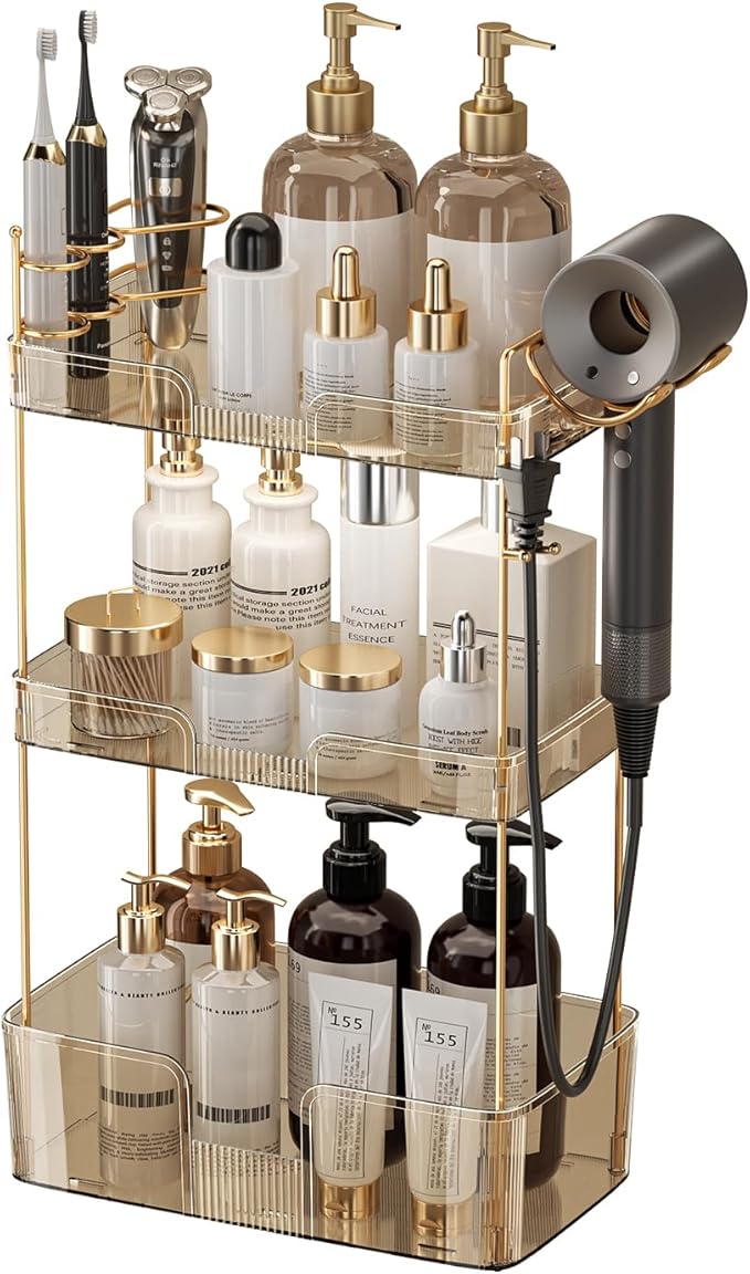 Akinbas 3 Tier Bathroom Organizer Countertop Makeup Perfume Tray Skincare Organizer Comes with Hair Dryer Rack and Toothbrush Holder for Bathroom Dresser Vanity (Gold)