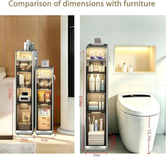 BGYMF Ultra Thin 4-Tier Slim Bathroom Storage Cabinet, Slim Cabinet for Bathroom, Narrow Rolling Cart with Wheels, White Plastic Organizer for Small Space, Kitchen, Laundry, Living Room, Corner