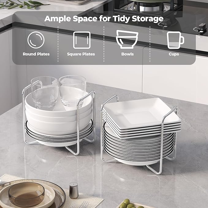 Adjustable Dish Rack for Kitchen Counter - Bamboo Plate Holder Organizer for Cabinet Wooden Bowl Organizer Stainless Steel Plate Stand Storage for Kitchen Drawer Countertop Cupboard Shelf RV