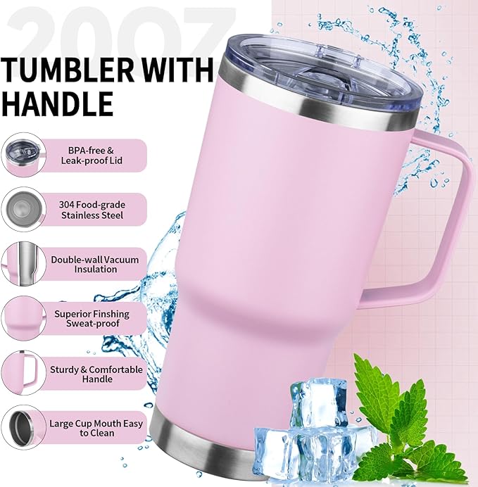 20oz Insulated Tumbler with Handle Stainless Steel Travel Coffee Mug with Lid and Straw Double Wall Vacuum Leak-proof Reusable Thermal Water Cup for Hot and Cold Drinks (Multicolor-2,4 Pack)