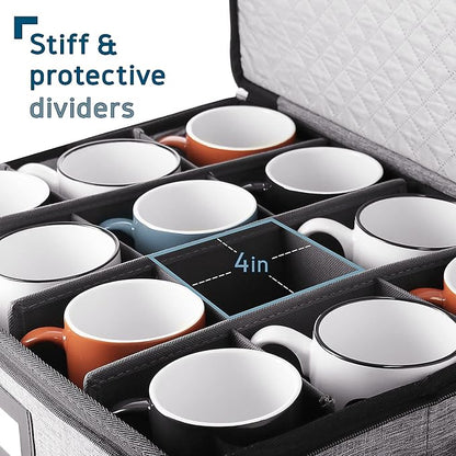 Hearth & Harbor Coffee Mug Storage, Quilted and Stackable Coffee Cup Storage Organizer for Service of 12, Mug Storage Box with Dividers, China Containers Hard Shell for Moving and Organization, Grey